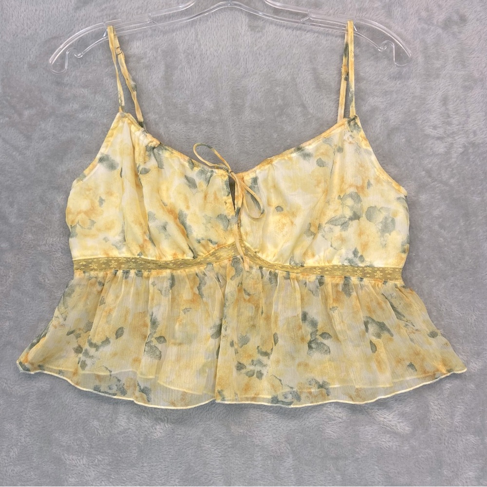 Rsq Babydoll Camisole Women’s Size L Yellow Spring Floral Print Tank Top Sheer